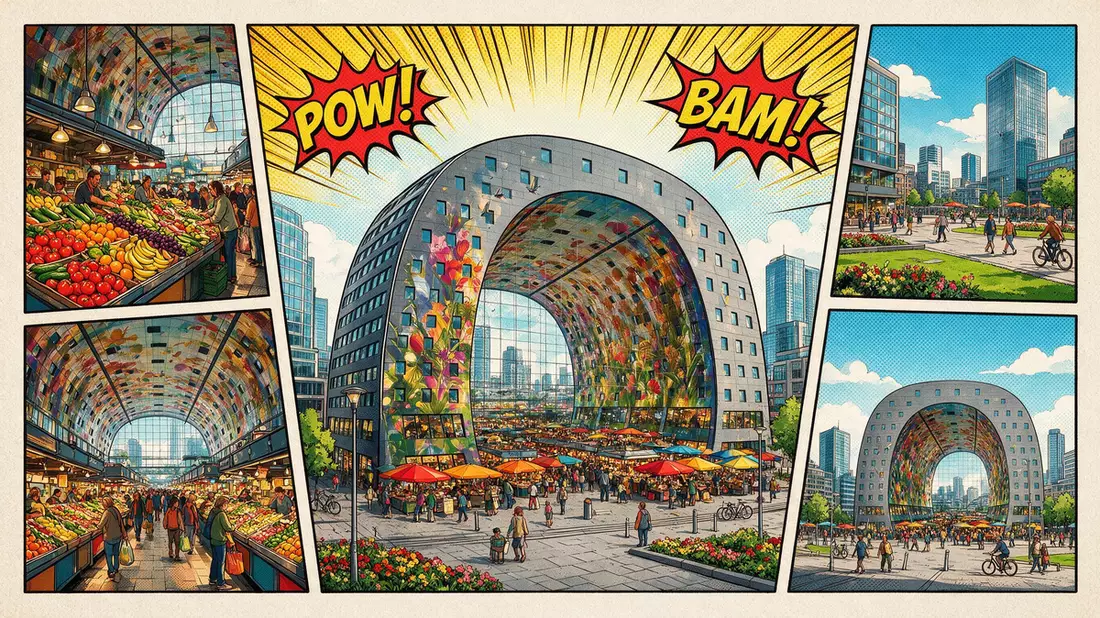Pop-Art-Comic von Markthal Rotterdam in Rotterdam, Niederlande mit Rasterpunkten