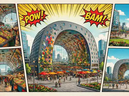 Pop-Art-Comicillustration des Wahrzeichens Markthal Rotterdam in Rotterdam Niederlande, kraeftige Konturen Rasterpunkte und satte Farben - Foto: THN