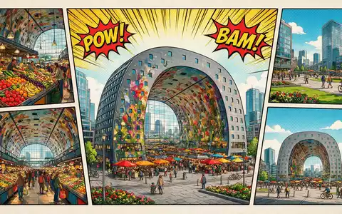 Pop-Art-Comicillustration des Wahrzeichens Markthal Rotterdam in Rotterdam Niederlande, kraeftige Konturen Rasterpunkte und satte Farben - Foto: THN