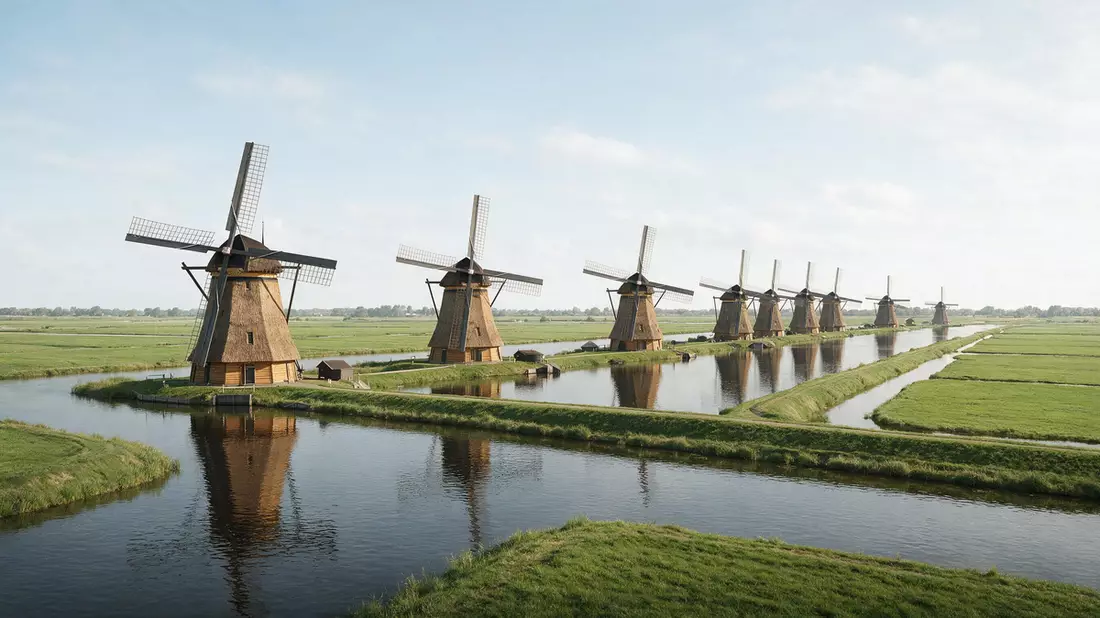 Architektur-Render von Windmühlen von Kinderdijk in Kinderdijk, Niederlande bei Tageslicht