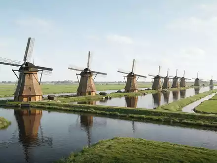 Moderner Architektur-Render zeigt Silhouette von Windmühlen von Kinderdijk in Kinderdijk Niederlande, klare Linien und neutrales - Foto: THN