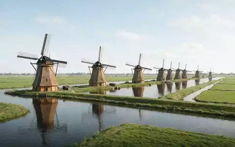 Moderner Architektur-Render zeigt Silhouette von Windmühlen von Kinderdijk in Kinderdijk Niederlande, klare Linien und neutrales - Foto: THN