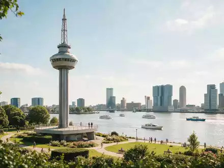 Editorialbild im Reisemagazin-Stil vom Wahrzeichen Euromast Rotterdam in Rotterdam Niederlande, ausgewogene Bildgestaltung und natuerliches Umgebungslicht - Foto: THN