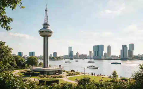 Editorialbild im Reisemagazin-Stil vom Wahrzeichen Euromast Rotterdam in Rotterdam Niederlande, ausgewogene Bildgestaltung und natuerliches Umgebungslicht - Foto: THN