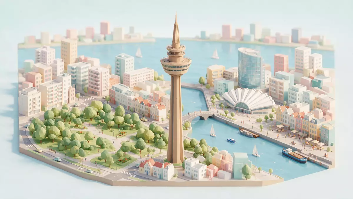 Isometrisches Diorama von Euromast Rotterdam in Rotterdam, Niederlande in Pastell