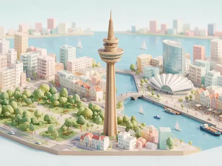 Isometrisches Diorama von Euromast Rotterdam und Umgebung in Rotterdam Niederlande, verspielte Low-Poly-Kulisse in Pastellfarben - Foto: THN