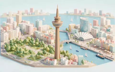 Isometrisches Diorama von Euromast Rotterdam und Umgebung in Rotterdam Niederlande, verspielte Low-Poly-Kulisse in Pastellfarben - Foto: THN