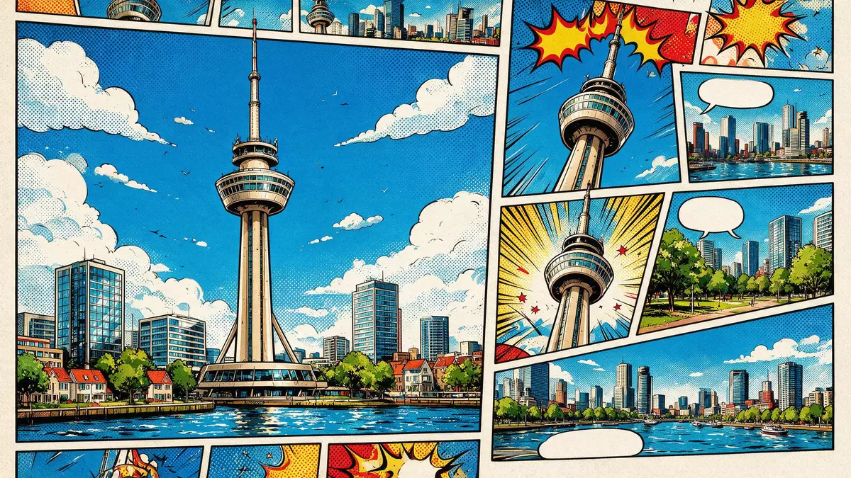 Pop-Art-Comic von Euromast Rotterdam in Rotterdam, Niederlande mit Rasterpunkten