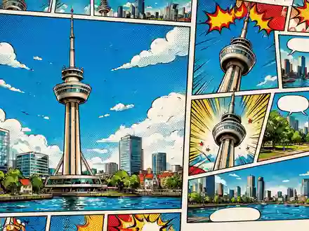 Pop-Art-Comicillustration des Wahrzeichens Euromast Rotterdam in Rotterdam Niederlande, kraeftige Konturen Rasterpunkte und satte Farben - Foto: THN