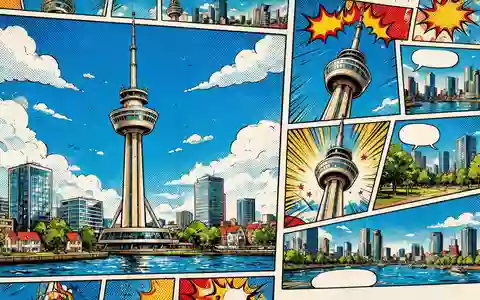 Pop-Art-Comicillustration des Wahrzeichens Euromast Rotterdam in Rotterdam Niederlande, kraeftige Konturen Rasterpunkte und satte Farben - Foto: THN