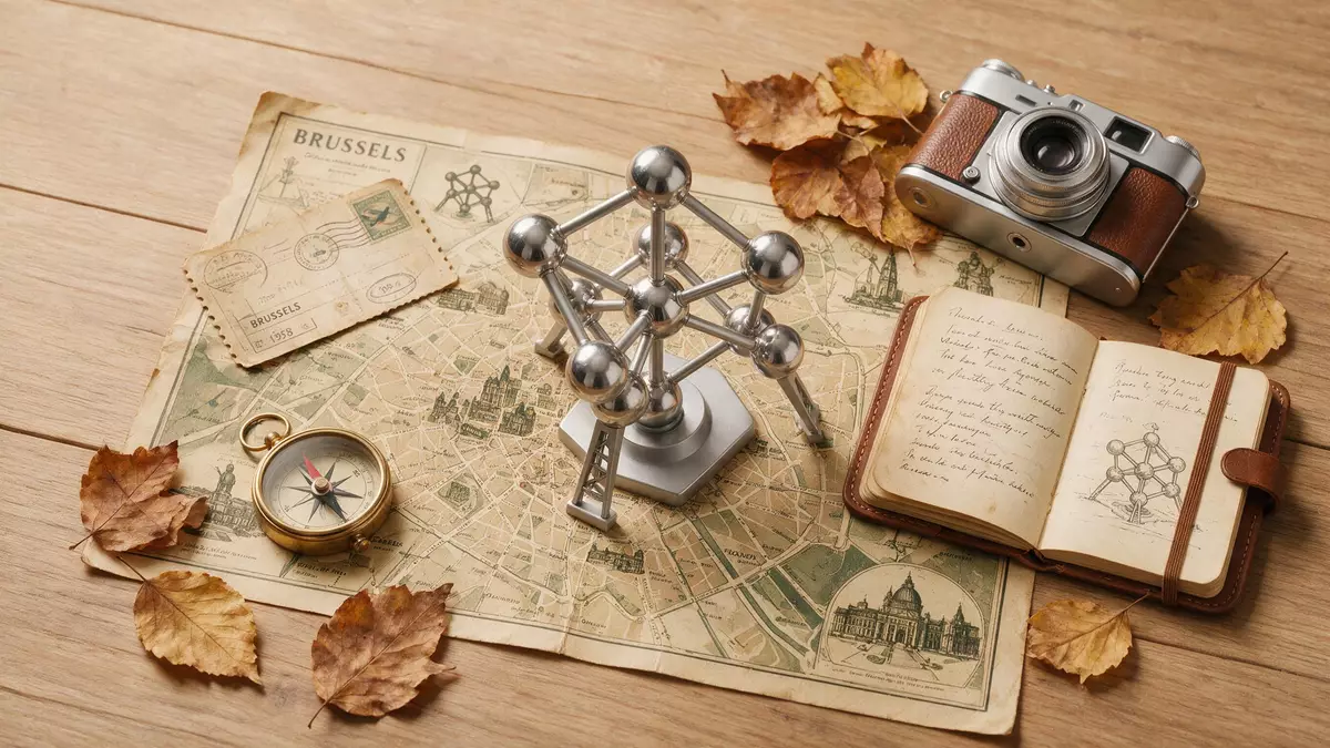 Flatlay-Reise-Arrangement rund um Atomium Brüssel in Brüssel, Belgien