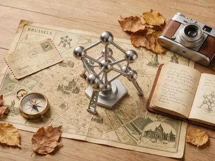 Flatlay-Reise-Arrangement rund um Atomium Brüssel in Brüssel Belgien, Karte Kompass Kamera und generische Reiserequisiten - Foto: THN