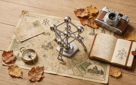 Flatlay-Reise-Arrangement rund um Atomium Brüssel in Brüssel Belgien, Karte Kompass Kamera und generische Reiserequisiten - Foto: THN