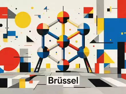 Bauhaus-Poster als geometrische Abstraktion von Atomium Brüssel in Brüssel Belgien, kraeftige Grundfarben und harte Formkanten - Foto: THN