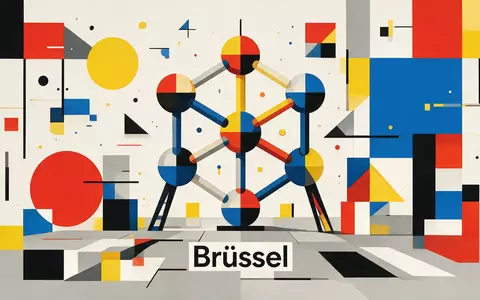 Bauhaus-Poster als geometrische Abstraktion von Atomium Brüssel in Brüssel Belgien, kraeftige Grundfarben und harte Formkanten - Foto: THN