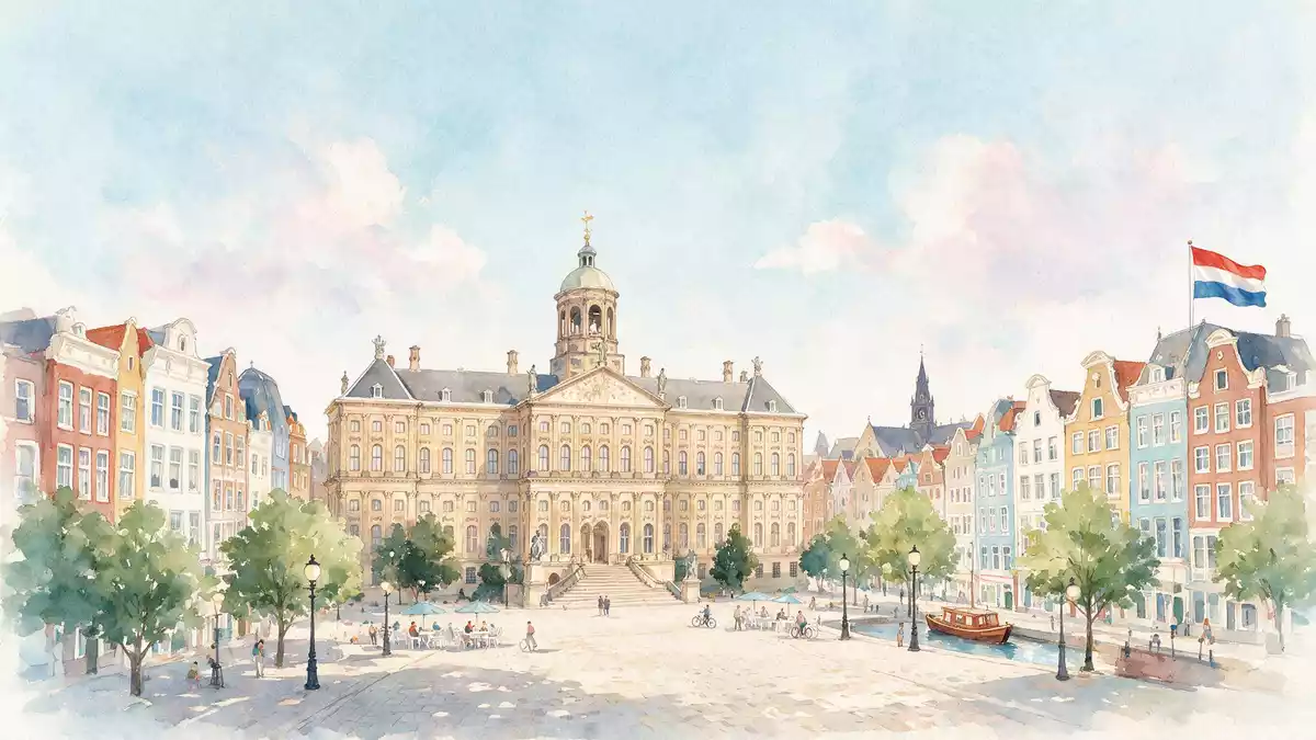 Aquarell-Illustration von Dam-Platz Amsterdam in Amsterdam, Niederlande als Reiseposter