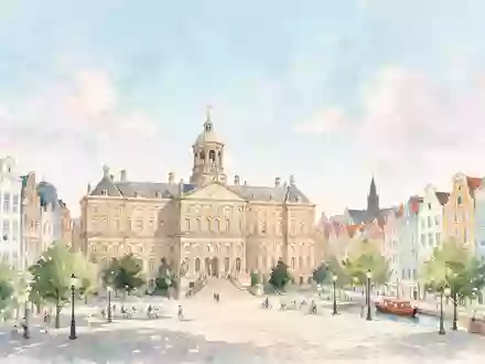 Aquarellillustration des Wahrzeichens Dam-Platz Amsterdam in Amsterdam Niederlande, weiche Farbverläufe und pastelliges Reiseposter-Feeling - Foto: THN