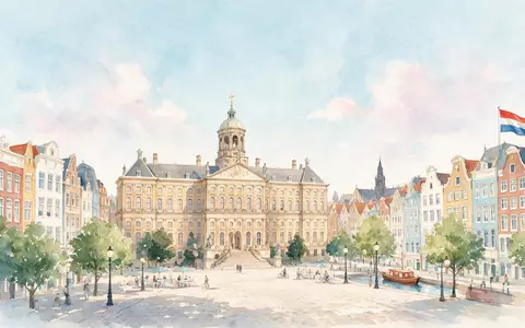Aquarellillustration des Wahrzeichens Dam-Platz Amsterdam in Amsterdam Niederlande, weiche Farbverläufe und pastelliges Reiseposter-Feeling - Foto: THN