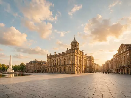 Fotorealistische Panoramaaufnahme von Dam-Platz Amsterdam in Amsterdam Niederlande, warmes Abendlicht auf Wahrzeichen - Foto: THN