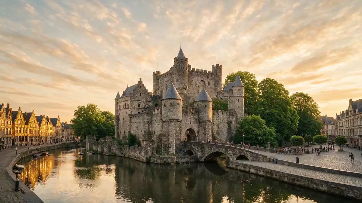 Fotorealistische Ansicht von Burg Gravensteen in Gent, Belgien im Abendlicht