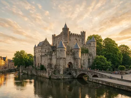 Fotorealistische Panoramaaufnahme von Burg Gravensteen in Gent Belgien, warmes Abendlicht auf Wahrzeichen - Foto: THN