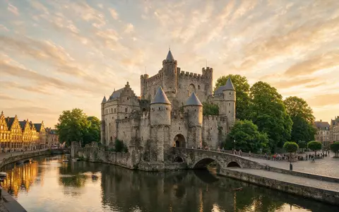 Fotorealistische Panoramaaufnahme von Burg Gravensteen in Gent Belgien, warmes Abendlicht auf Wahrzeichen - Foto: THN