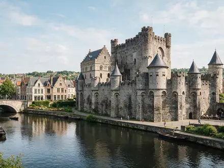 Editorialbild im Reisemagazin-Stil vom Wahrzeichen Burg Gravensteen in Gent Belgien, ausgewogene Bildgestaltung und natuerliches Umgebungslicht - Foto: THN