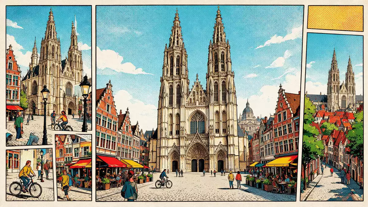 Pop-Art-Comic von Liebfrauenkathedrale Antwerpen in Antwerpen, Belgien mit Rasterpunkten