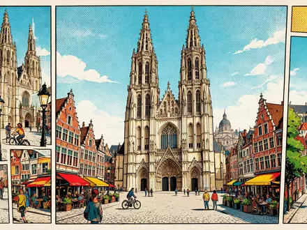 Pop-Art-Comicillustration des Wahrzeichens Liebfrauenkathedrale Antwerpen in Antwerpen Belgien, kraeftige Konturen Rasterpunkte und satte Farben - Foto: THN