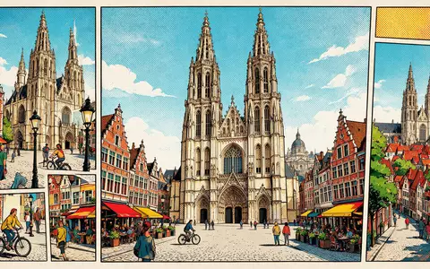 Pop-Art-Comicillustration des Wahrzeichens Liebfrauenkathedrale Antwerpen in Antwerpen Belgien, kraeftige Konturen Rasterpunkte und satte Farben - Foto: THN