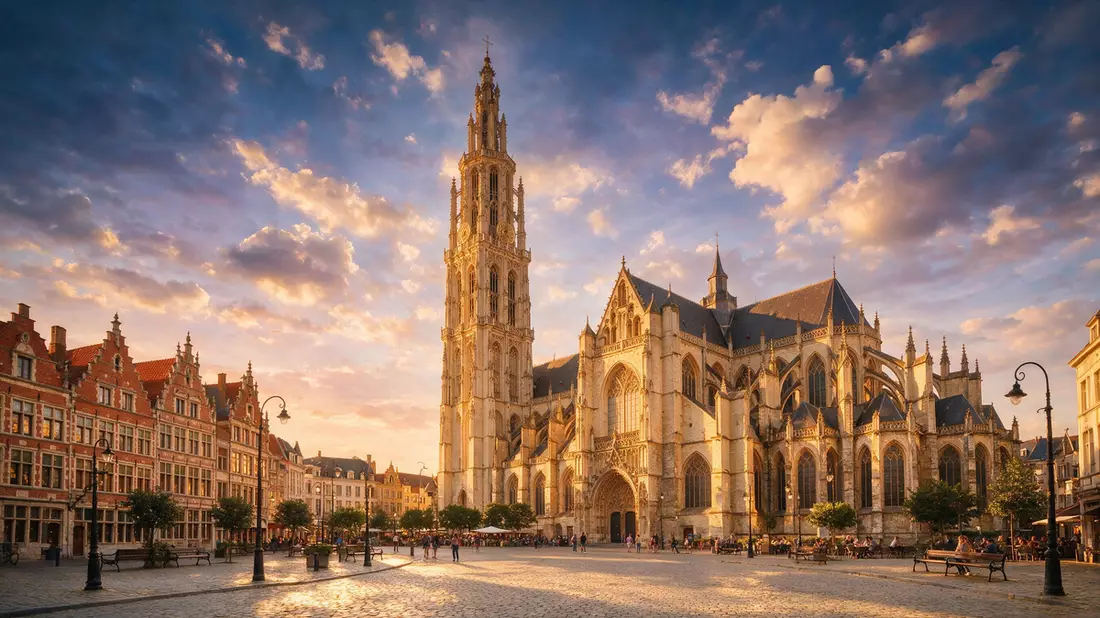 Fotorealistische Ansicht von Liebfrauenkathedrale Antwerpen in Antwerpen, Belgien im Abendlicht