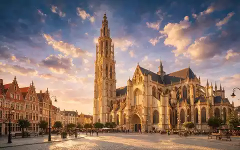 Fotorealistische Panoramaaufnahme von Liebfrauenkathedrale Antwerpen in Antwerpen Belgien, warmes Abendlicht auf Wahrzeichen - Foto: THN