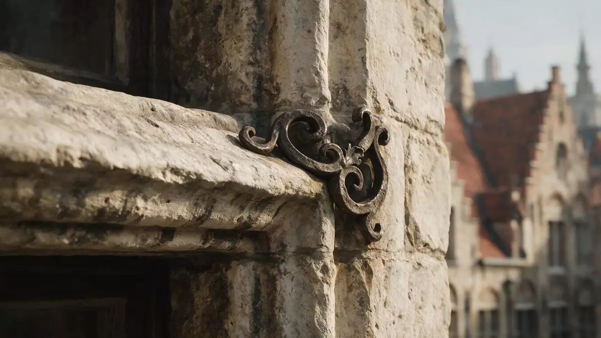 Makroaufnahme eines Materialdetails am Wahrzeichen Altstadt Brügge, Brügge Belgien