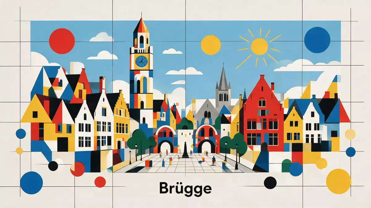 Bauhaus-Poster als Abstraktion von Altstadt Brügge in Brügge, Belgien