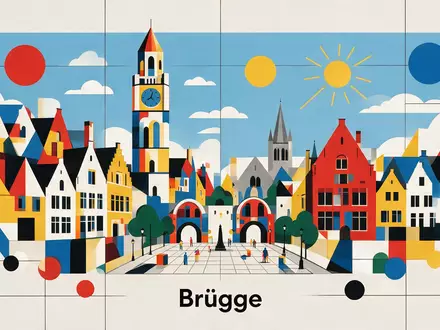 Bauhaus-Poster als geometrische Abstraktion von Altstadt Brügge in Brügge Belgien, kraeftige Grundfarben und harte Formkanten - Foto: THN