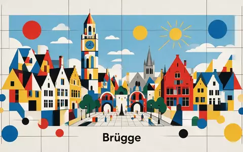 Bauhaus-Poster als geometrische Abstraktion von Altstadt Brügge in Brügge Belgien, kraeftige Grundfarben und harte Formkanten - Foto: THN