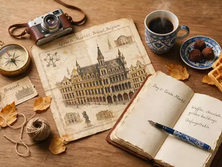 Flatlay-Reise-Arrangement rund um Grand-Place Brüssel in Brüssel Belgien, Karte Kompass Kamera und generische Reiserequisiten - Foto: THN