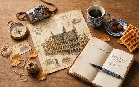 Flatlay-Reise-Arrangement rund um Grand-Place Brüssel in Brüssel Belgien, Karte Kompass Kamera und generische Reiserequisiten - Foto: THN