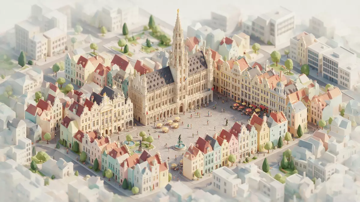 Isometrisches Diorama von Grand-Place Brüssel in Brüssel, Belgien in Pastell