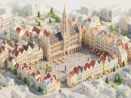 Isometrisches Diorama von Grand-Place Brüssel und Umgebung in Brüssel Belgien, verspielte Low-Poly-Kulisse in Pastellfarben - Foto: THN