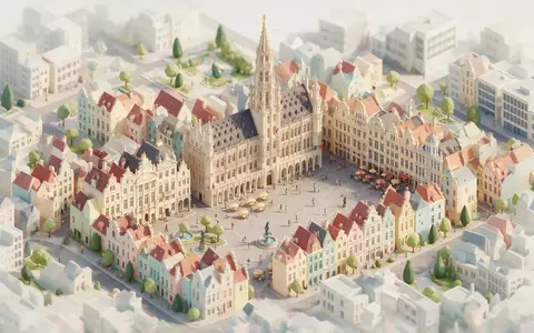 Isometrisches Diorama von Grand-Place Brüssel und Umgebung in Brüssel Belgien, verspielte Low-Poly-Kulisse in Pastellfarben - Foto: THN