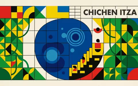 Bauhaus-Poster als geometrische Abstraktion von Cenote Ik Kil in Chichen Itza Mexiko, kraeftige Grundfarben und - Foto: THN