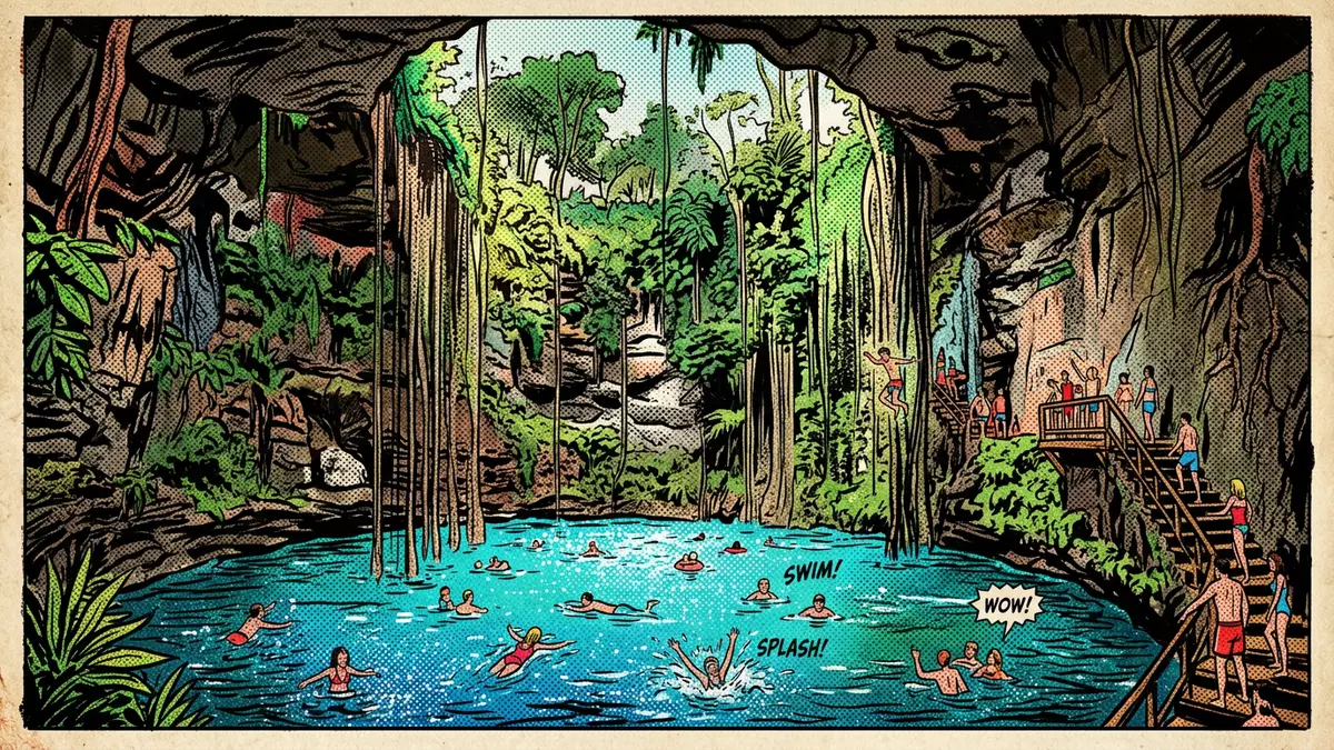 Pop-Art-Comic von Cenote Ik Kil in Chichen Itza, Mexiko mit Rasterpunkten