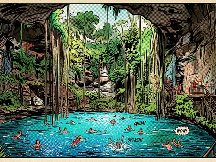 Pop-Art-Comicillustration des Wahrzeichens Cenote Ik Kil in Chichen Itza Mexiko, kraeftige Konturen Rasterpunkte und satte - Foto: THN