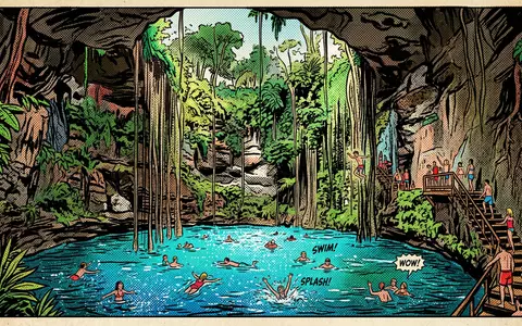 Pop-Art-Comicillustration des Wahrzeichens Cenote Ik Kil in Chichen Itza Mexiko, kraeftige Konturen Rasterpunkte und satte - Foto: THN
