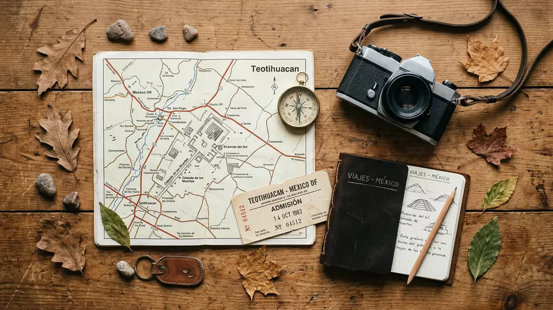 Flatlay-Reise-Arrangement rund um Teotihuacan in San Juan Teotihuacan, Mexiko