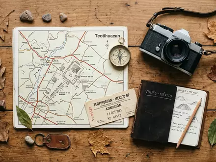 Flatlay-Reise-Arrangement rund um Teotihuacan in San Juan Teotihuacan Mexiko, Karte Kompass Kamera und generische Reiserequisiten - Foto: THN