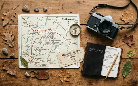 Flatlay-Reise-Arrangement rund um Teotihuacan in San Juan Teotihuacan Mexiko, Karte Kompass Kamera und generische Reiserequisiten - Foto: THN