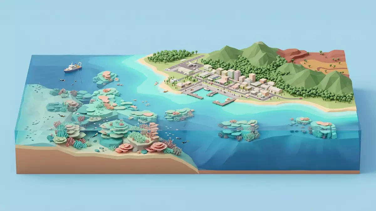 Isometrisches Diorama von Great Barrier Reef in Cairns, Australien in Pastell