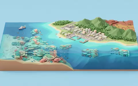 Isometrisches Diorama von Great Barrier Reef und Umgebung in Cairns Australien, verspielte Low-Poly-Kulisse in Pastellfarben - Foto: THN